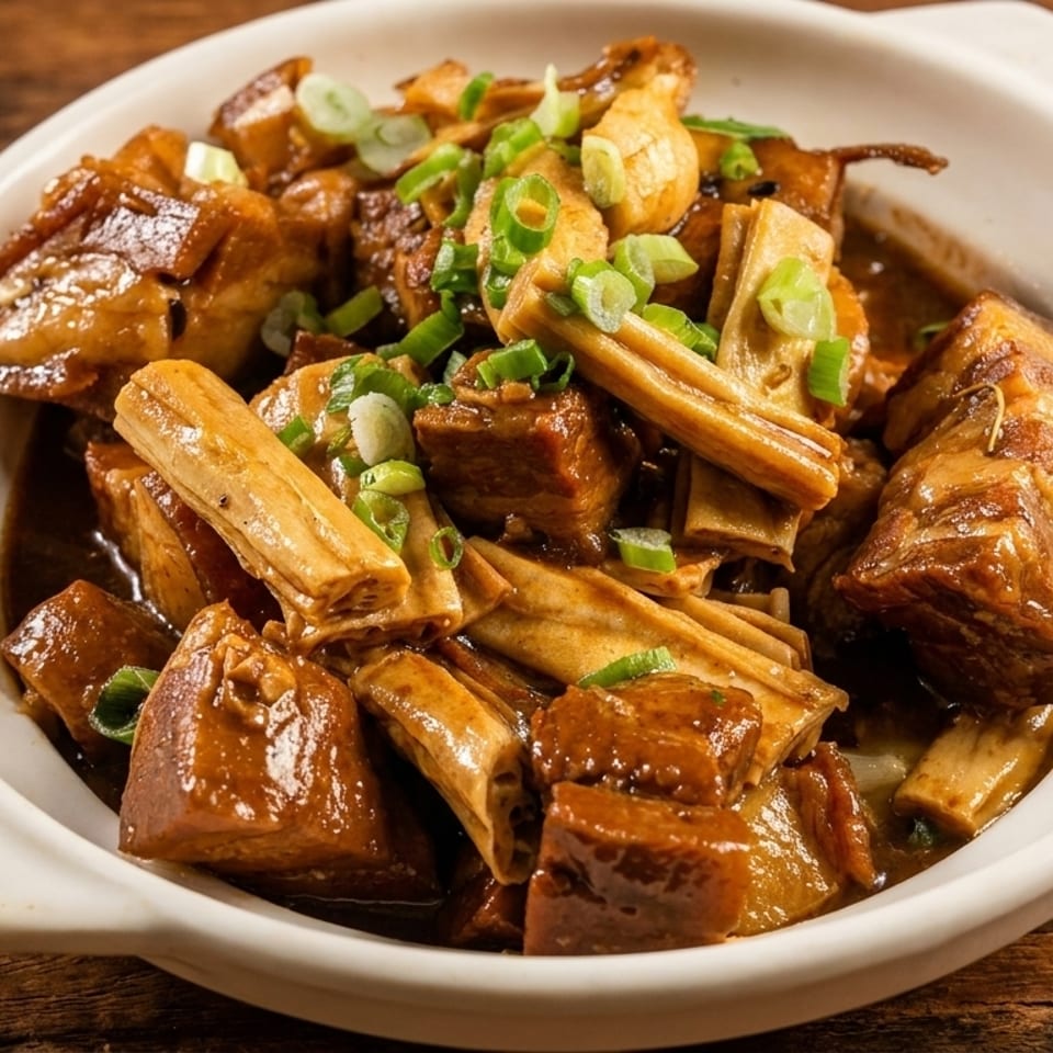 Braised pork belly with bamboo shoots and green onions in a white bowl on a wooden table.