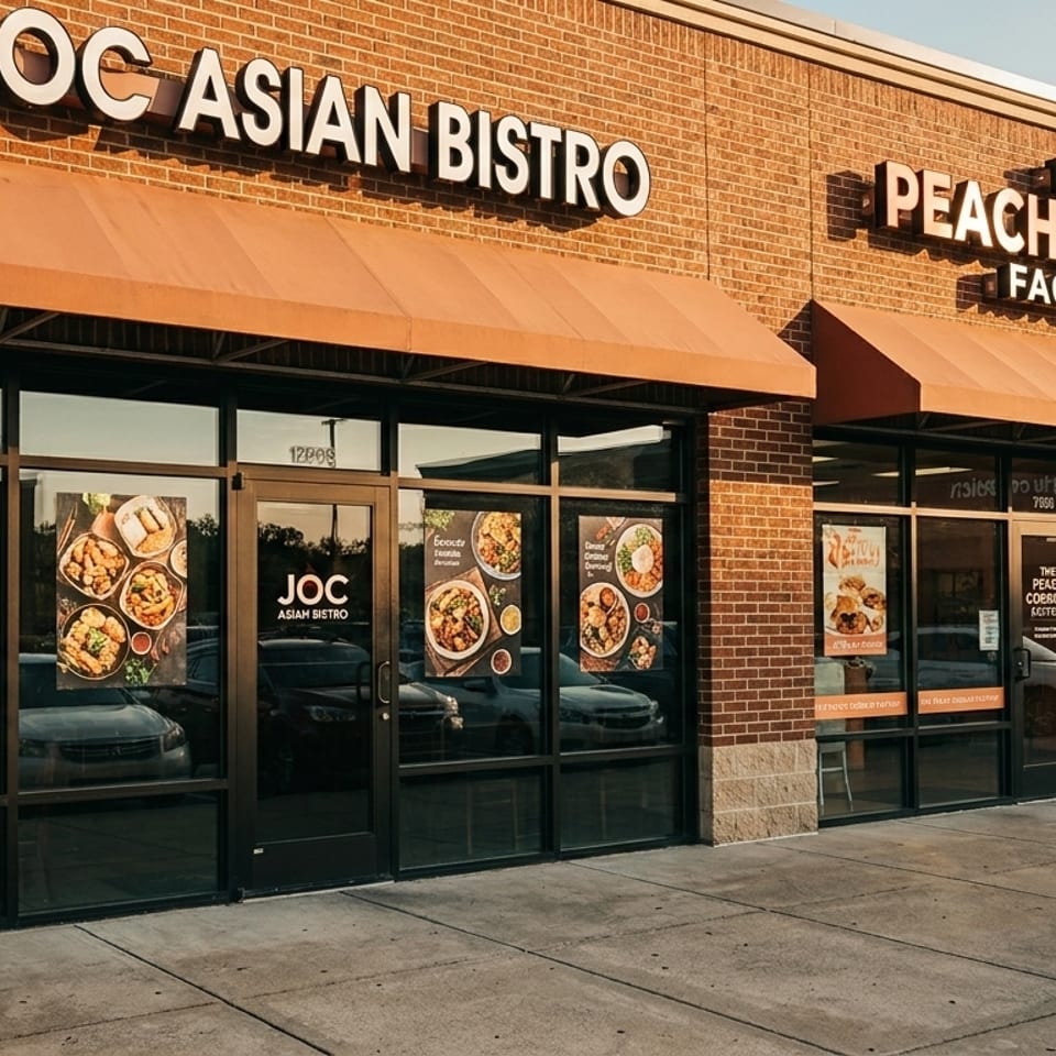 Exterior view of JOC Asian Bistro and The Peach Cobbler Factory storefronts with brick facade and awnings.
